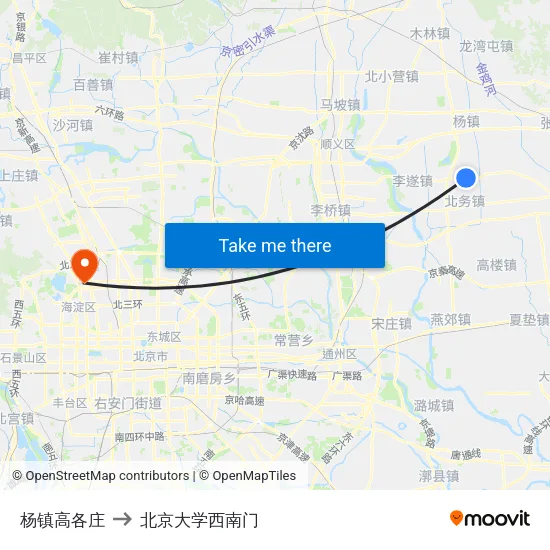 杨镇高各庄 to 北京大学西南门 map