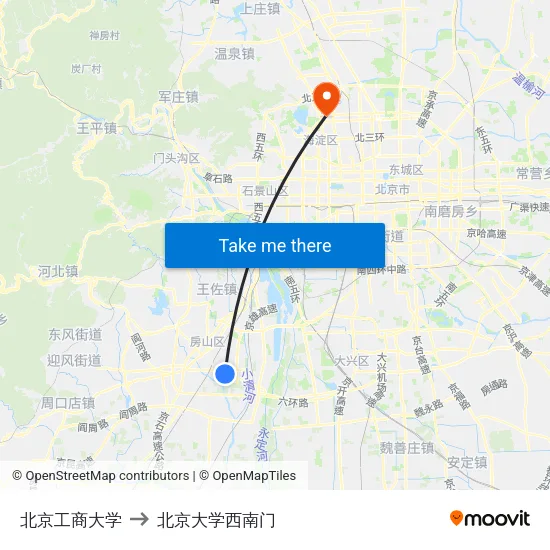 北京工商大学 to 北京大学西南门 map