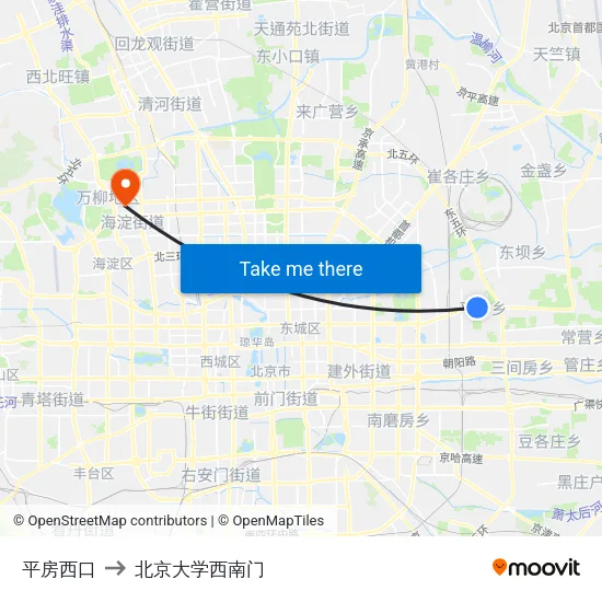 平房西口 to 北京大学西南门 map