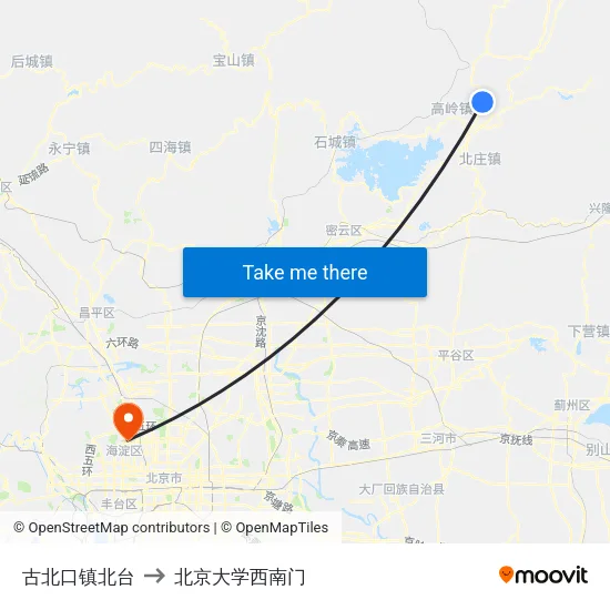 古北口镇北台 to 北京大学西南门 map