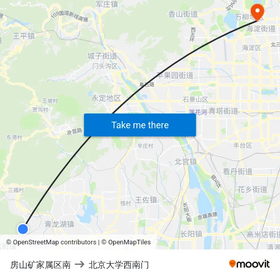 房山矿家属区南 to 北京大学西南门 map
