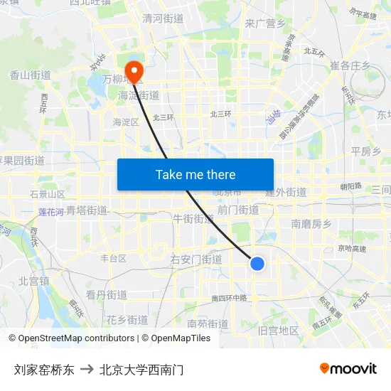 刘家窑桥东 to 北京大学西南门 map