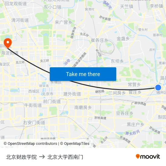 北京财政学院 to 北京大学西南门 map