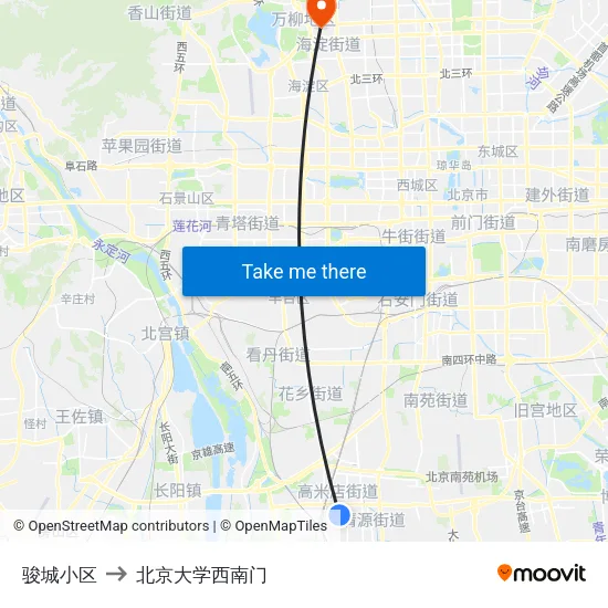 骏城小区 to 北京大学西南门 map