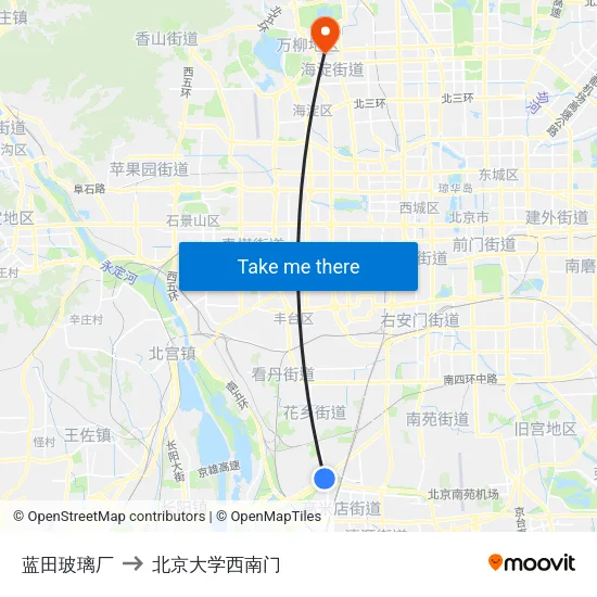 蓝田玻璃厂 to 北京大学西南门 map