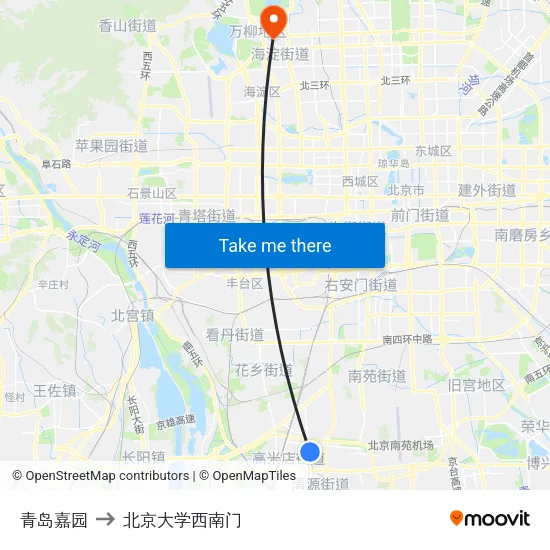 青岛嘉园 to 北京大学西南门 map