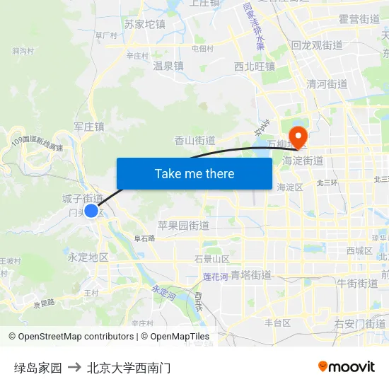 绿岛家园 to 北京大学西南门 map