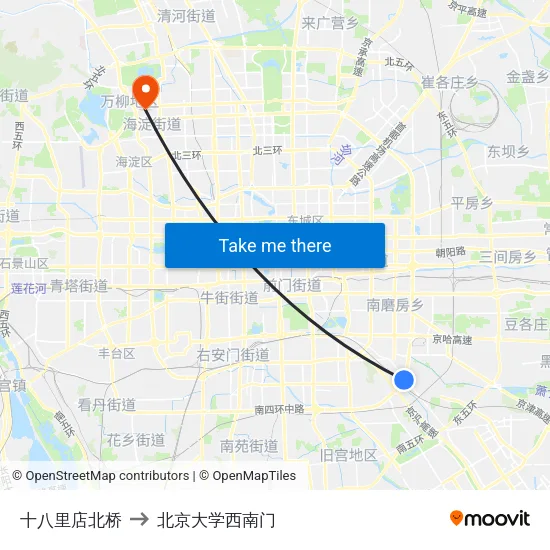 十八里店北桥 to 北京大学西南门 map