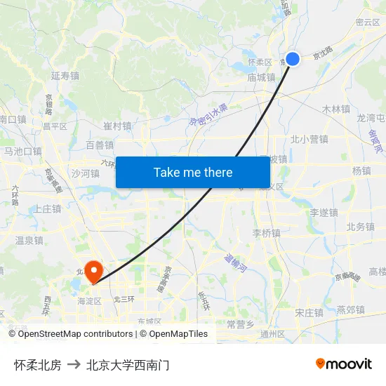 怀柔北房 to 北京大学西南门 map