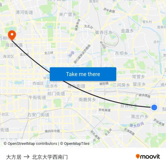 大方居 to 北京大学西南门 map