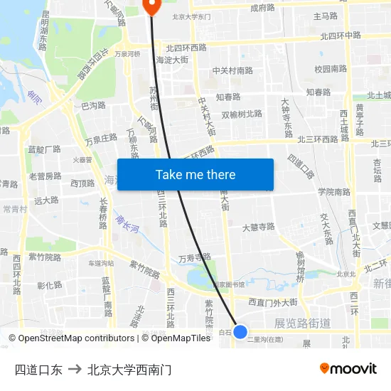四道口东 to 北京大学西南门 map
