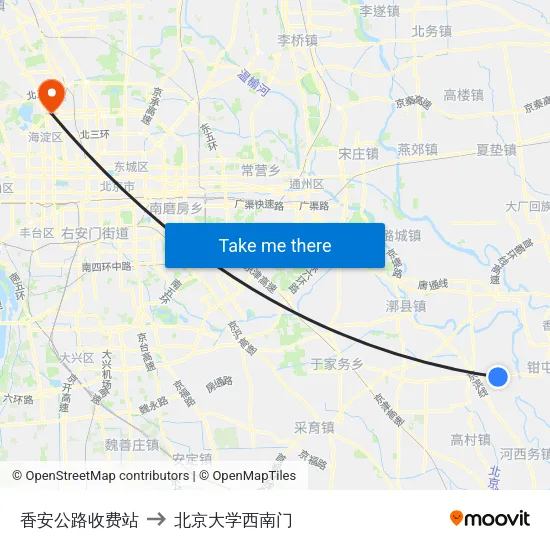 香安公路收费站 to 北京大学西南门 map
