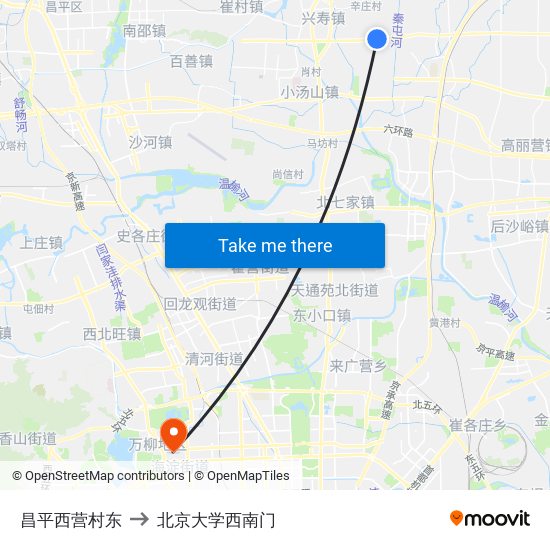 昌平西营村东 to 北京大学西南门 map