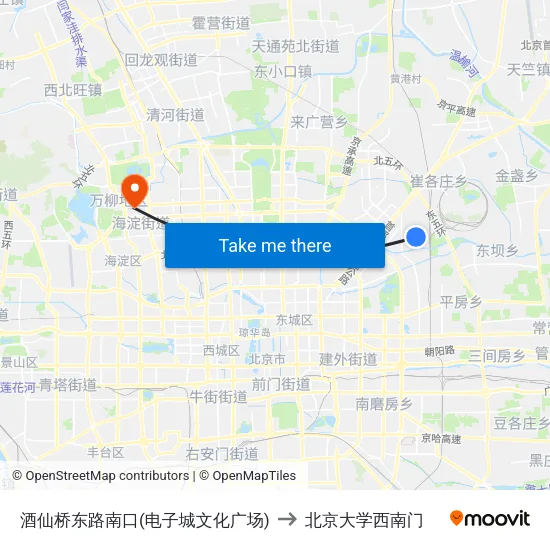 酒仙桥东路南口(电子城文化广场) to 北京大学西南门 map