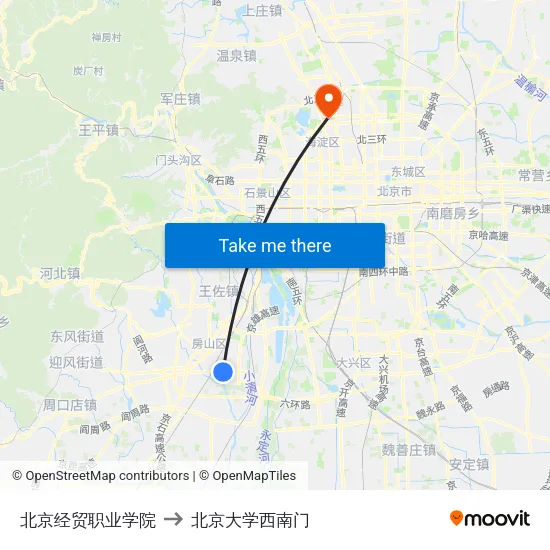 北京经贸职业学院 to 北京大学西南门 map