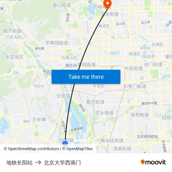 地铁长阳站 to 北京大学西南门 map