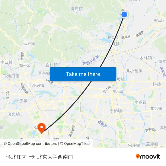 怀北庄南 to 北京大学西南门 map