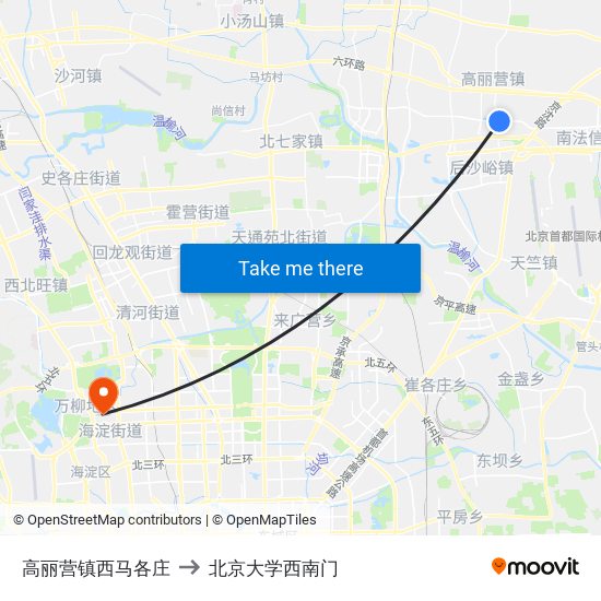 高丽营镇西马各庄 to 北京大学西南门 map