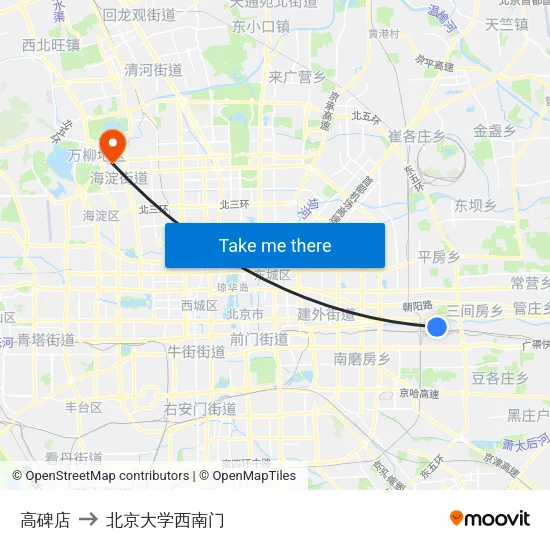 高碑店 to 北京大学西南门 map