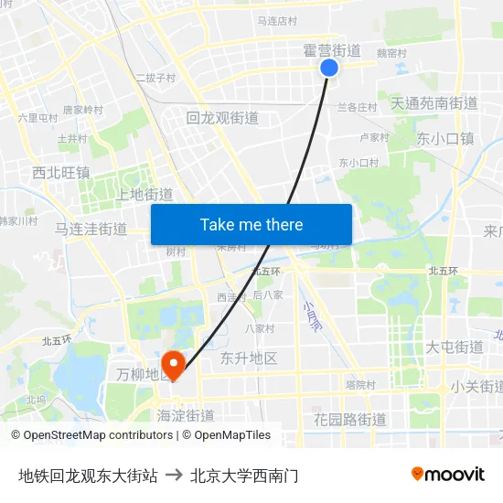 地铁回龙观东大街站 to 北京大学西南门 map
