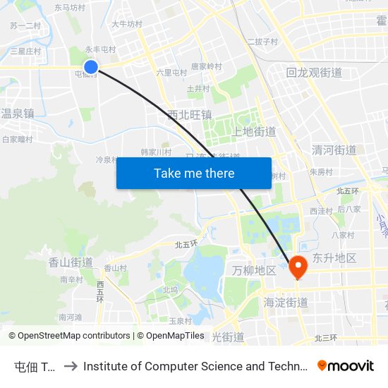 屯佃 Tundian to Institute of Computer Science and Technology of Peking University map