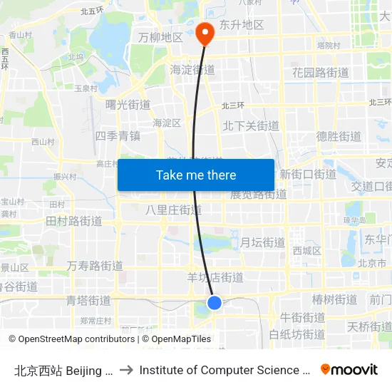 北京西站 Beijing West Railway Station to Institute of Computer Science and Technology of Peking University map