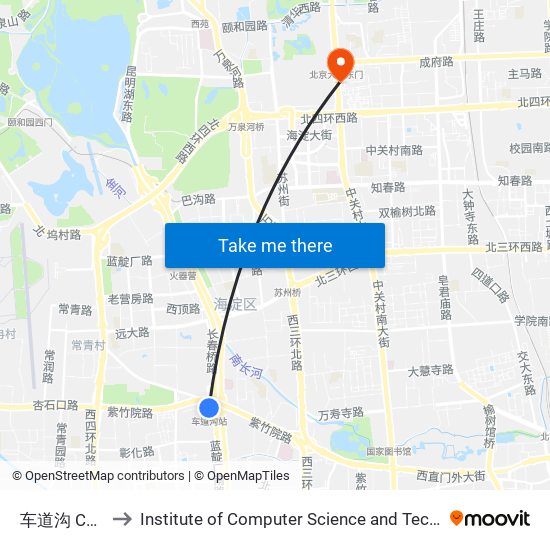 车道沟 Chedaogou to Institute of Computer Science and Technology of Peking University map