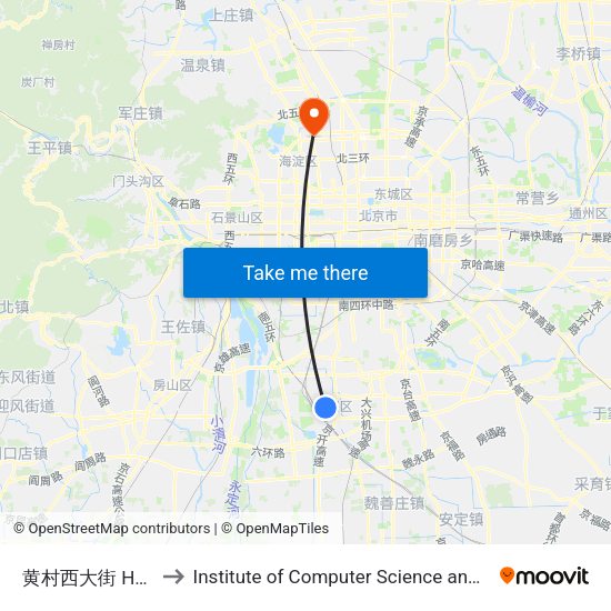 黄村西大街 Huangcun Xidajie to Institute of Computer Science and Technology of Peking University map