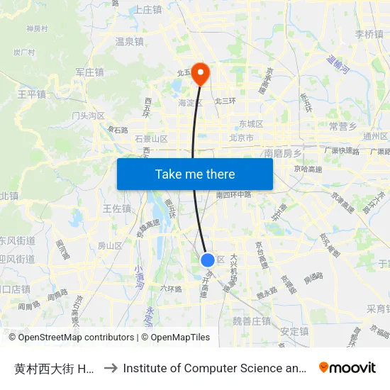 黄村西大街 Huangcun Xidajie to Institute of Computer Science and Technology of Peking University map