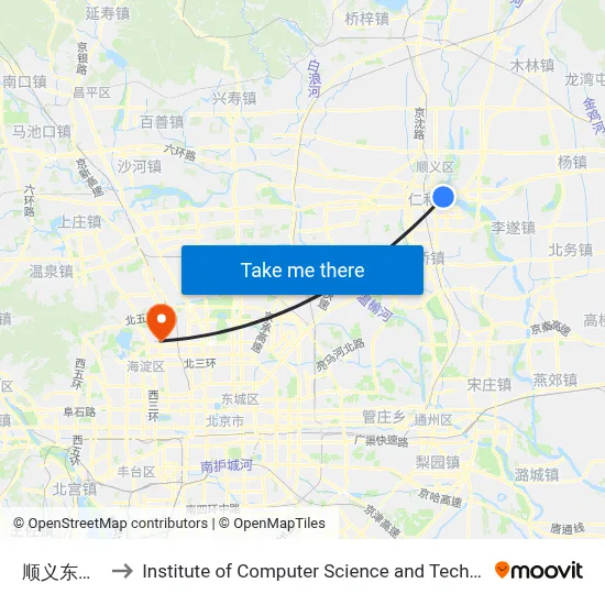 Shunyi East Bridge Roundabout to Institute of Computer Science and Technology of Peking University map