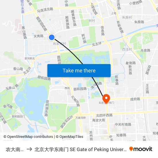 农大南路 to 北京大学东南门 SE Gate of Peking University map