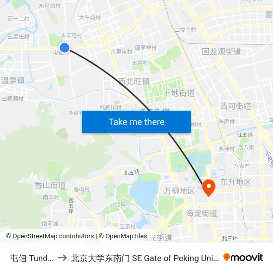 屯佃 Tundian to 北京大学东南门 SE Gate of Peking University map