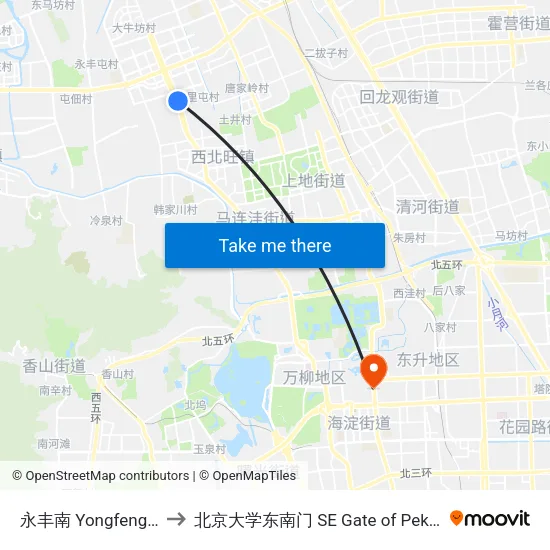 永丰南 Yongfeng Nan (S) to 北京大学东南门 SE Gate of Peking University map