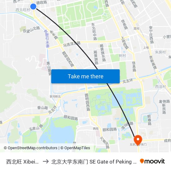 西北旺 Xibeiwang to 北京大学东南门 SE Gate of Peking University map