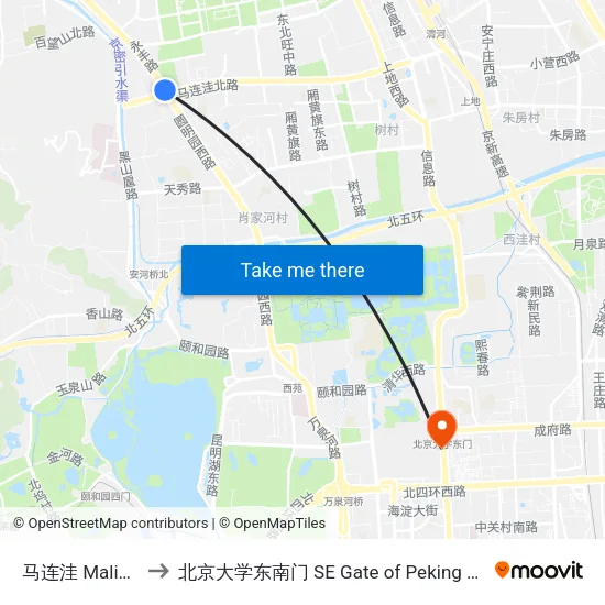 马连洼 Malianwa to 北京大学东南门 SE Gate of Peking University map