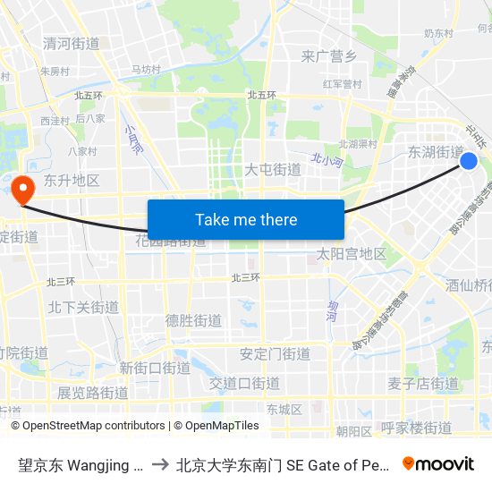 望京东 Wangjing Dong (E) to 北京大学东南门 SE Gate of Peking University map