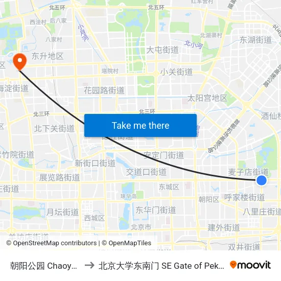 朝阳公园 Chaoyang Park to 北京大学东南门 SE Gate of Peking University map