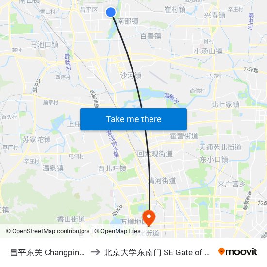 昌平东关 Changping Dongguan to 北京大学东南门 SE Gate of Peking University map