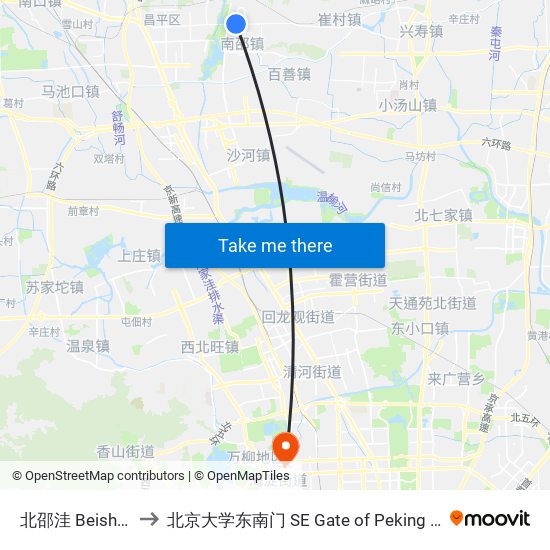 北邵洼 Beishaowa to 北京大学东南门 SE Gate of Peking University map