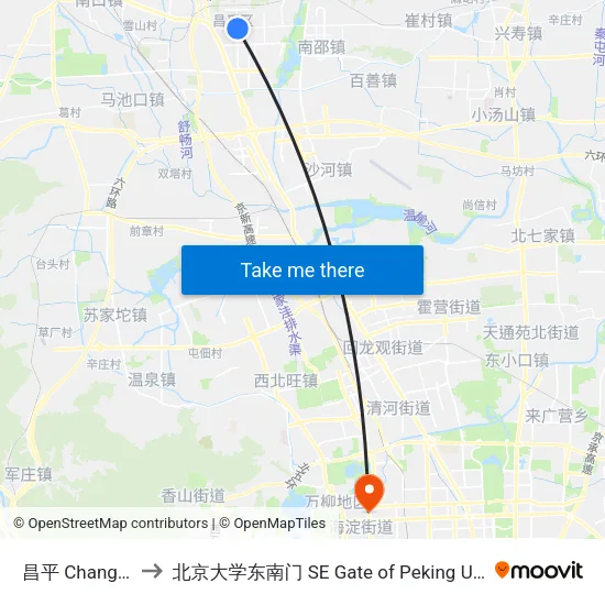 昌平 Changping to 北京大学东南门 SE Gate of Peking University map