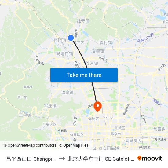昌平西山口 Changping Xishankou to 北京大学东南门 SE Gate of Peking University map