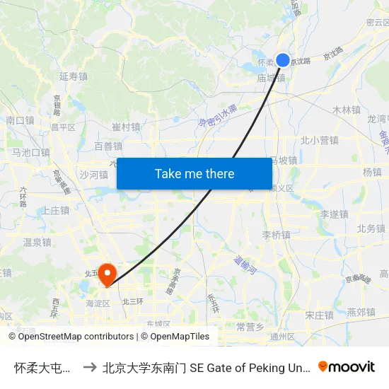 怀柔大屯村西 to 北京大学东南门 SE Gate of Peking University map