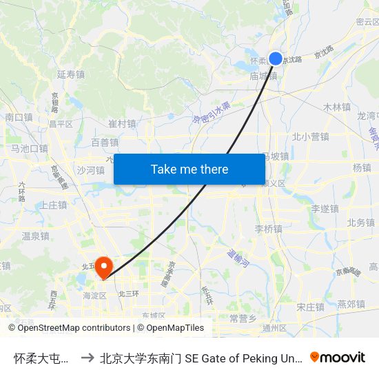 怀柔大屯村东 to 北京大学东南门 SE Gate of Peking University map