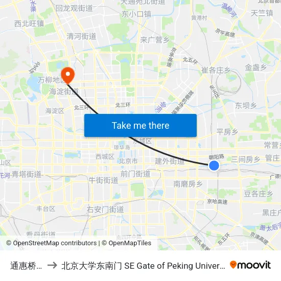 通惠桥东 to 北京大学东南门 SE Gate of Peking University map