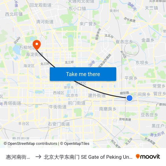 惠河南街东口 to 北京大学东南门 SE Gate of Peking University map
