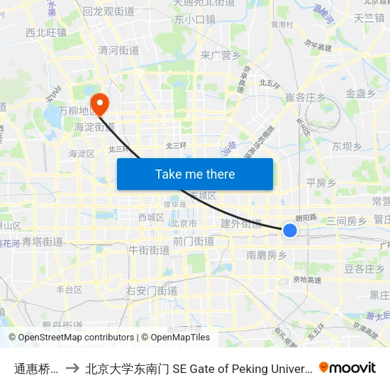 通惠桥西 to 北京大学东南门 SE Gate of Peking University map