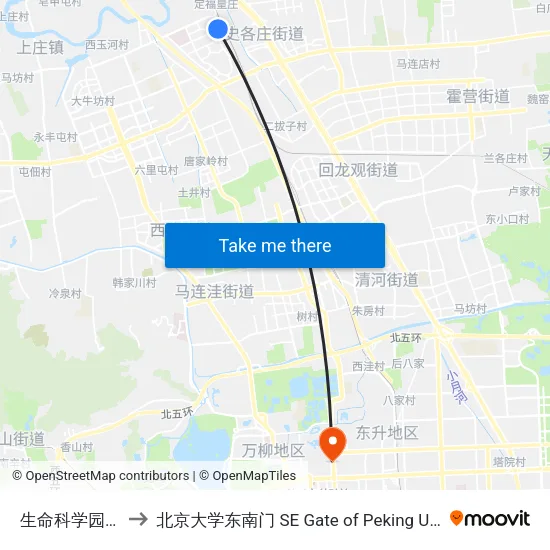 生命科学园东站 to 北京大学东南门 SE Gate of Peking University map