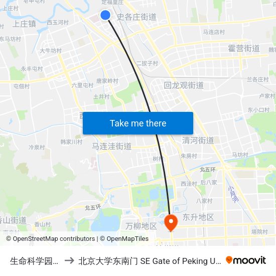 生命科学园西站 to 北京大学东南门 SE Gate of Peking University map