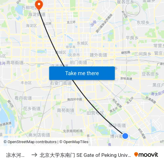 凉水河一街 to 北京大学东南门 SE Gate of Peking University map