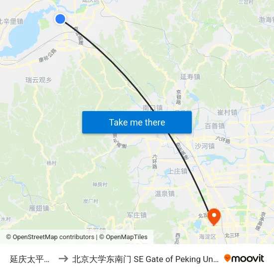 延庆太平庄北 to 北京大学东南门 SE Gate of Peking University map